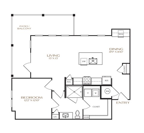 Floor plan for 1 bed, 1 bath, 843 sqft